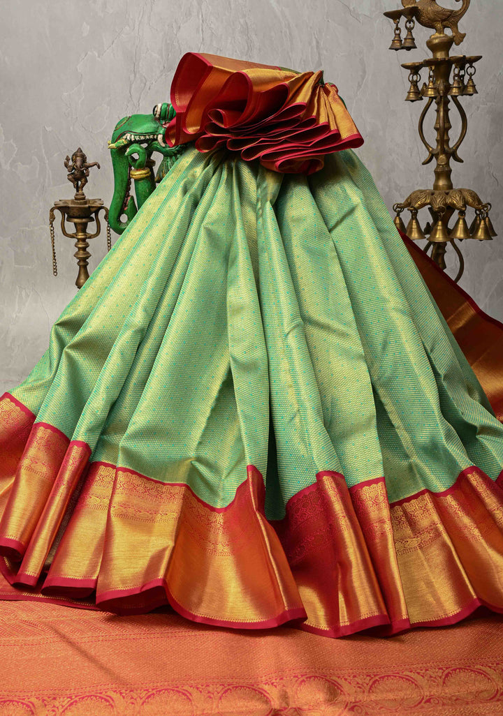 Korvai Tissue Brocade Parrot Green Tissue Brocade Kanjivaram Pure Silk Saree and Contrast Korvai Zari Border | SILK MARK CERTIFIED