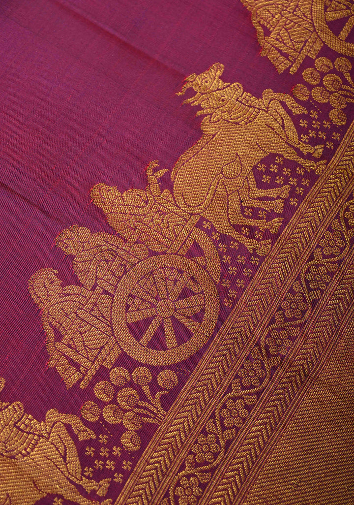Purple Dual Tone Kanjivaram Silk Saree with Zari Buttas and Bullock Cart Procession Zari Border | SILK MARK CERTIFIED