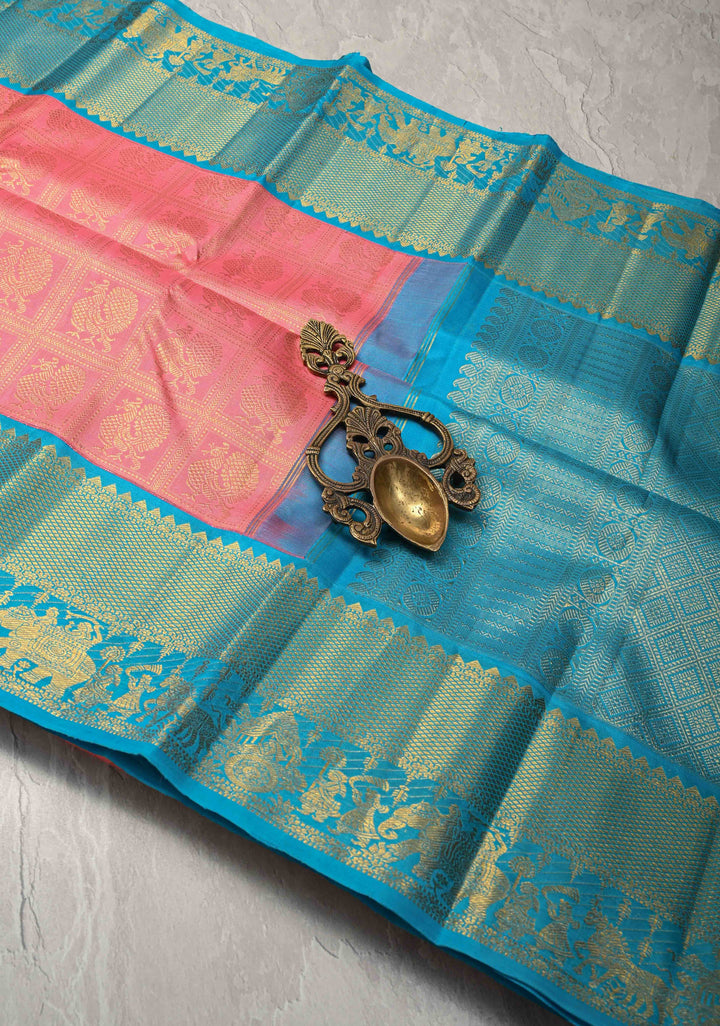 Pink Pure Kanjivaram Silk Saree with Patola Brocade and Korvai Zari Border | SILK MARK CERTIFIED