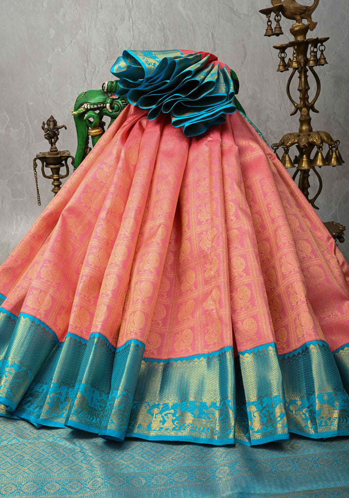 Pink Pure Kanjivaram Silk Saree with Patola Brocade and Korvai Zari Border | SILK MARK CERTIFIED