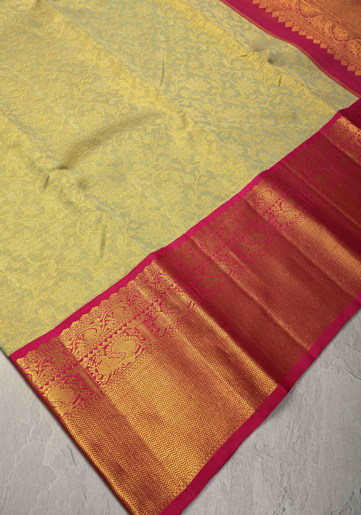 Pure Zari Stunning Green Gold  Tissue Kanjivaram Pure Silk Saree with Brocade Jaal and Contrast Korvai Zari Border | SILK MARK CERTIFIED
