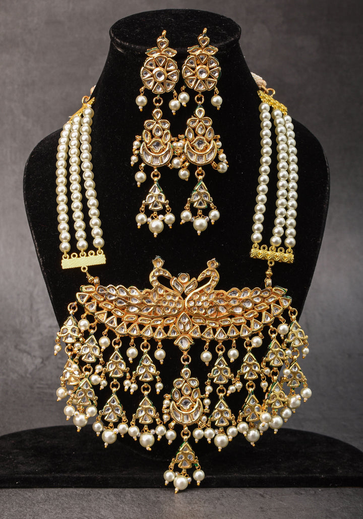 Statement Twin Peacock White Kundan Necklace Set with three rows of beads and 4.2" Long Earrings