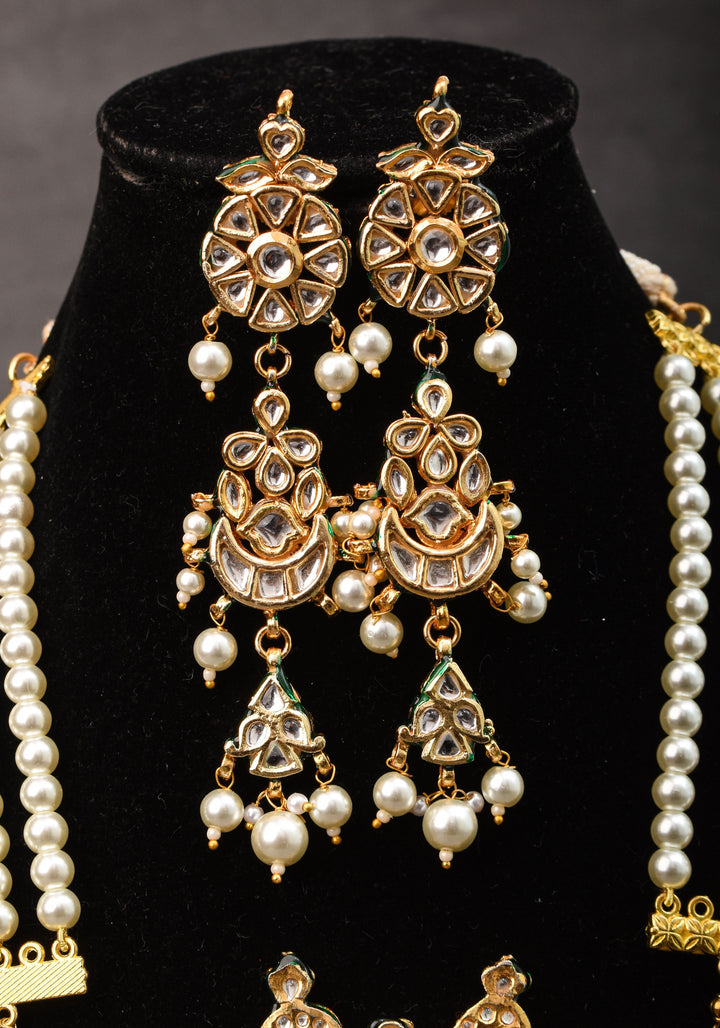 Statement Twin Peacock White Kundan Necklace Set with three rows of beads and 4.2" Long Earrings