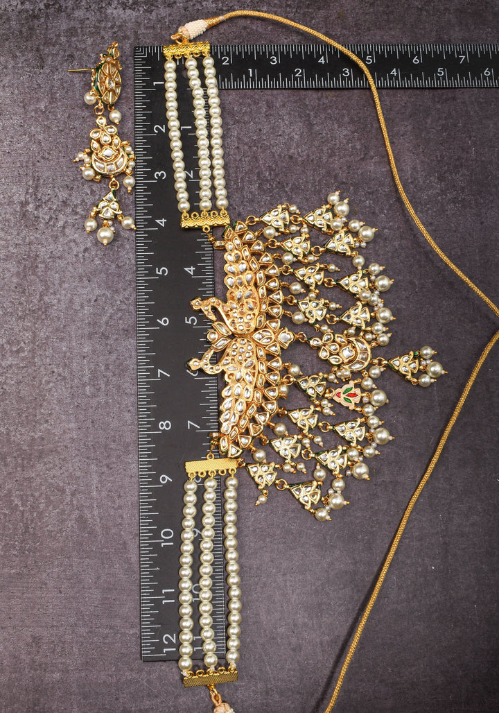 Statement Twin Peacock White Kundan Necklace Set with three rows of beads and 4.2" Long Earrings