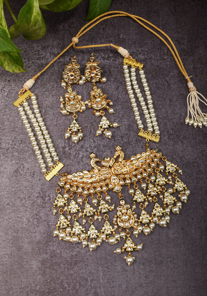 Statement Twin Peacock White Kundan Necklace Set with three rows of beads and 4.2" Long Earrings