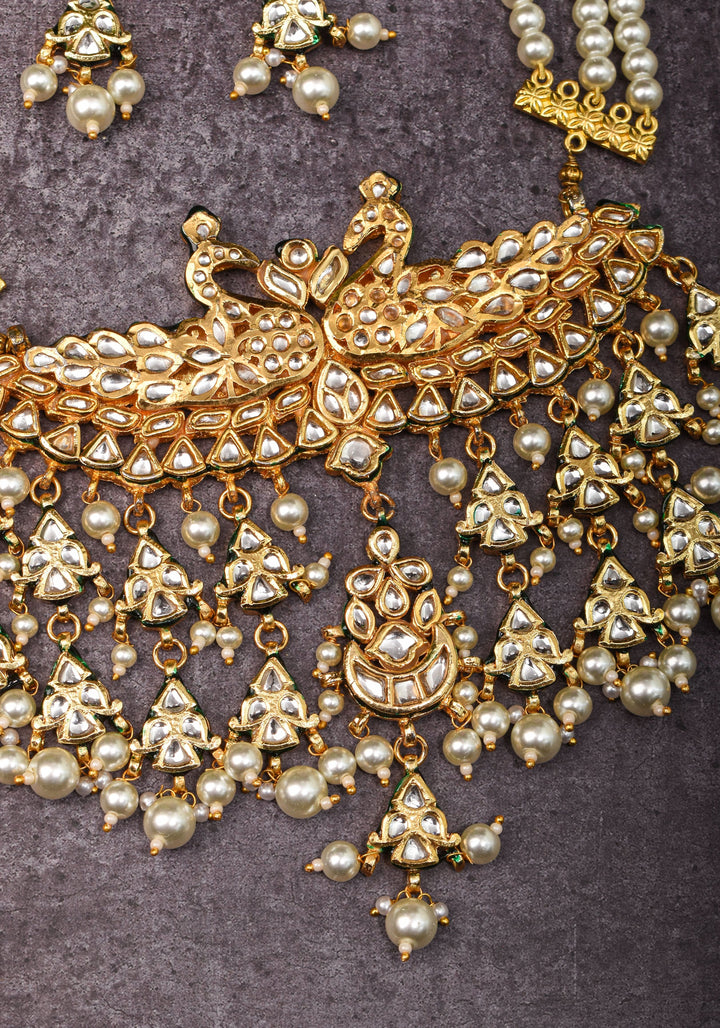 Statement Twin Peacock White Kundan Necklace Set with three rows of beads and 4.2" Long Earrings