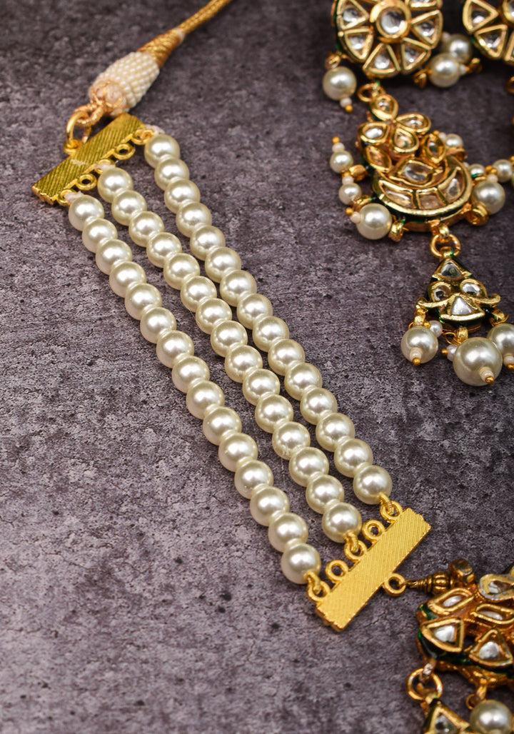 Statement Twin Peacock White Kundan Necklace Set with three rows of beads and 4.2" Long Earrings