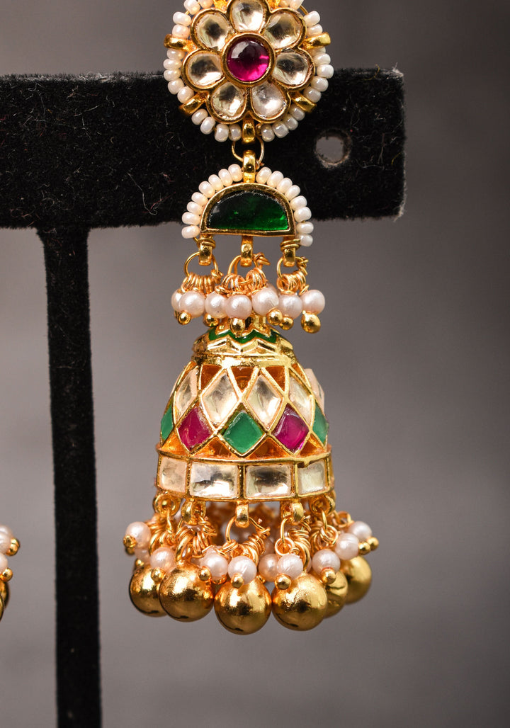 2.3" Kundan and Green,pink,white stone Jhumka earrings | Shobitam Jewelry