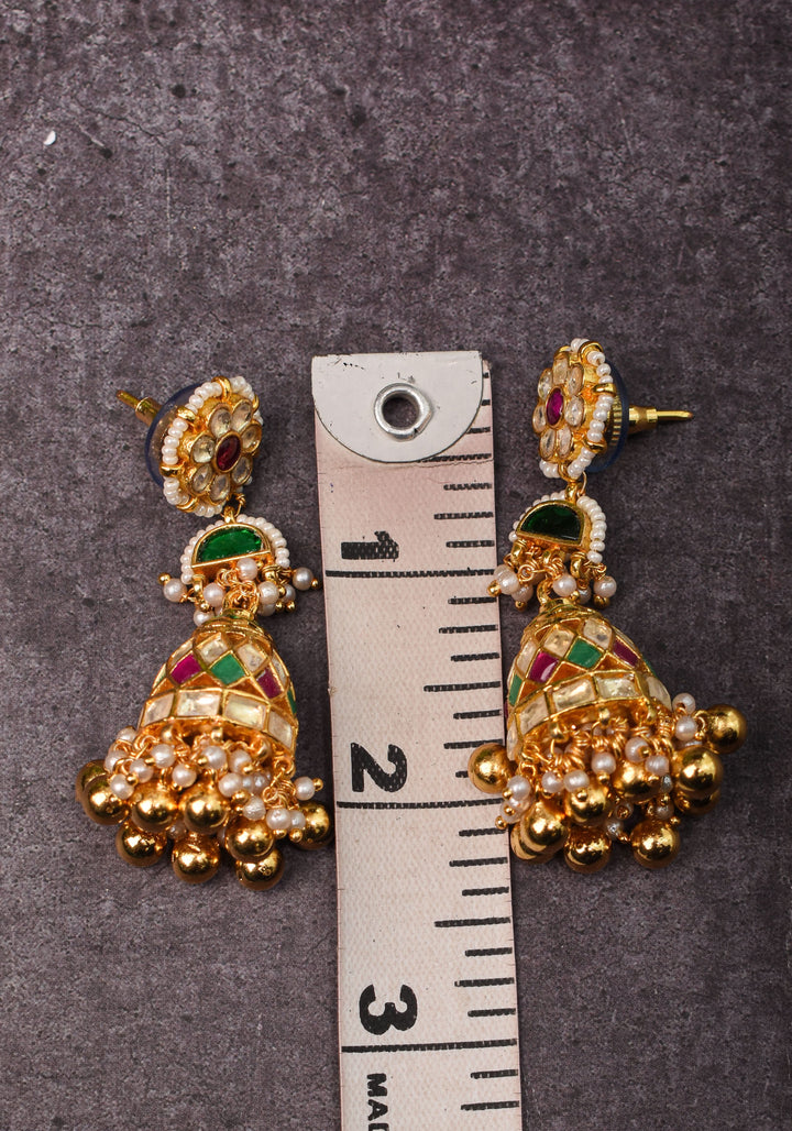 2.3" Kundan and Green,pink,white stone Jhumka earrings | Shobitam Jewelry