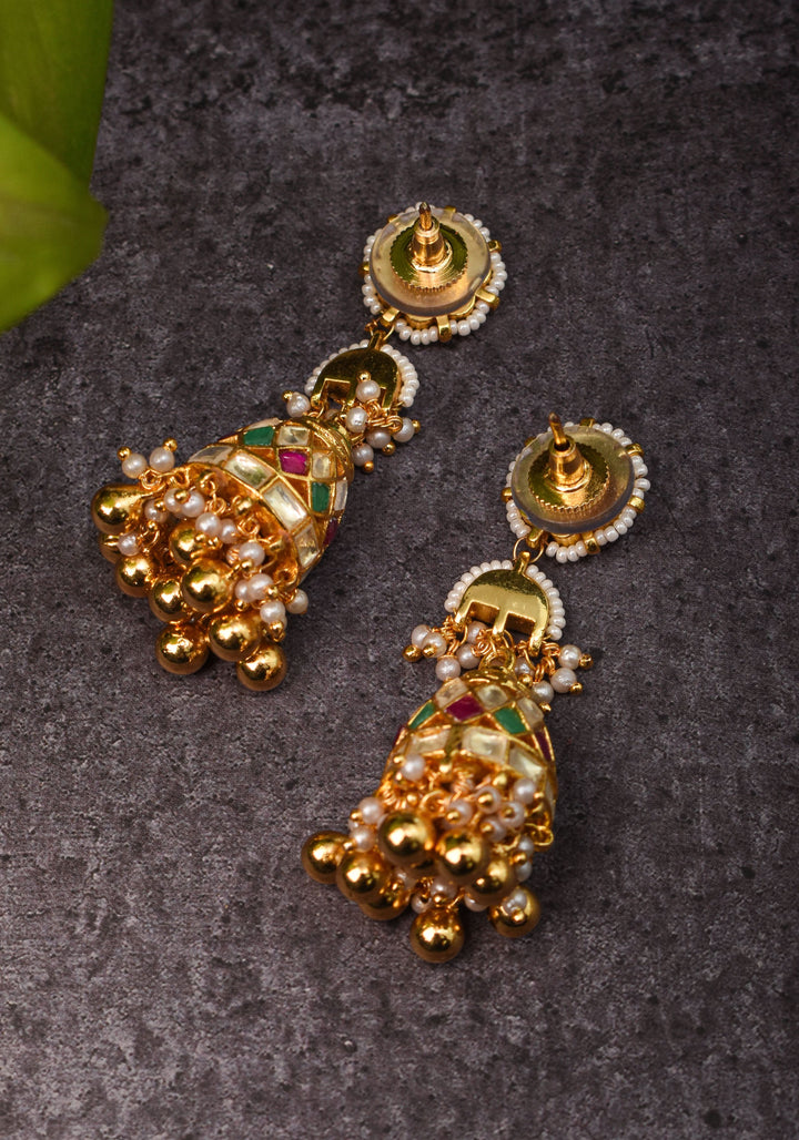 2.3" Kundan and Green,pink,white stone Jhumka earrings | Shobitam Jewelry