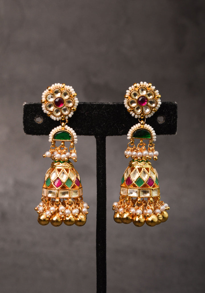 2.3" Kundan and Green,pink,white stone Jhumka earrings | Shobitam Jewelry