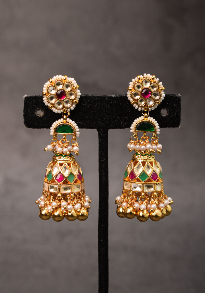 2.3" Kundan and Green,pink,white stone Jhumka earrings | Shobitam Jewelry