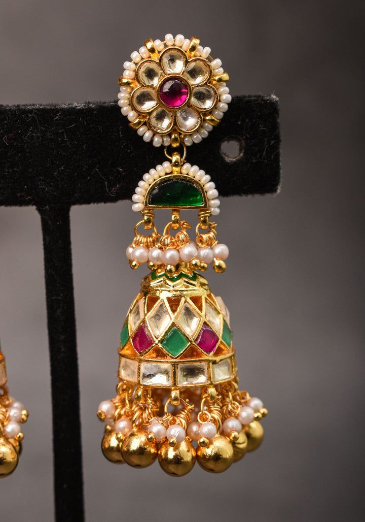 2.3" Kundan and Green,pink,white stone Jhumka earrings | Shobitam Jewelry