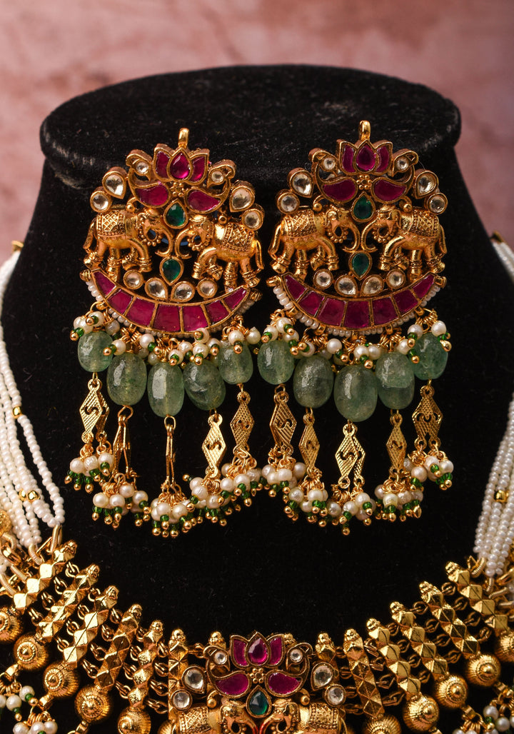 Antique Gold Tone White beads Multistrand Gold Tone Flexible Twin elephant design Simple Necklace Set with sage green dangling beads