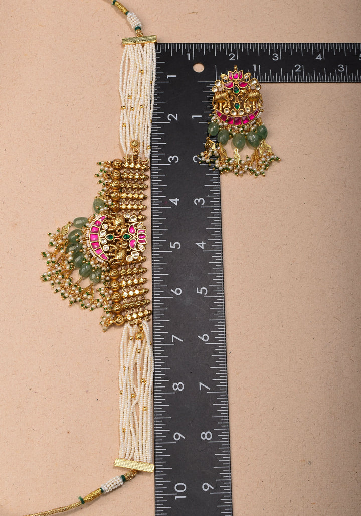 Antique Gold Tone White beads Multistrand Gold Tone Flexible Twin elephant design Simple Necklace Set with sage green dangling beads