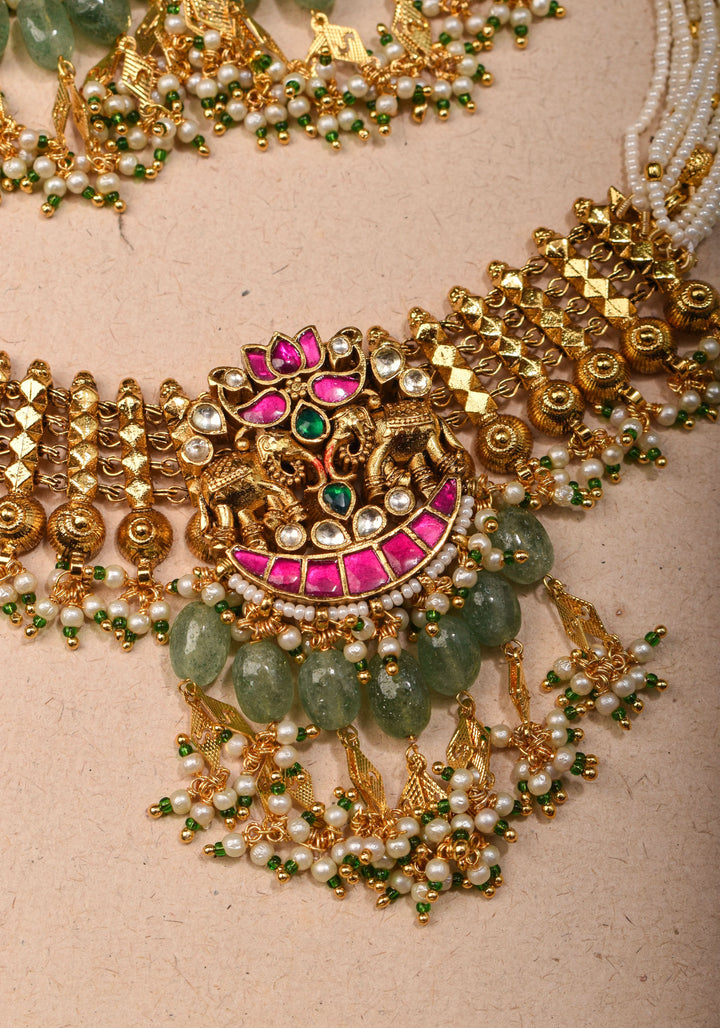 Antique Gold Tone White beads Multistrand Gold Tone Flexible Twin elephant design Simple Necklace Set with sage green dangling beads