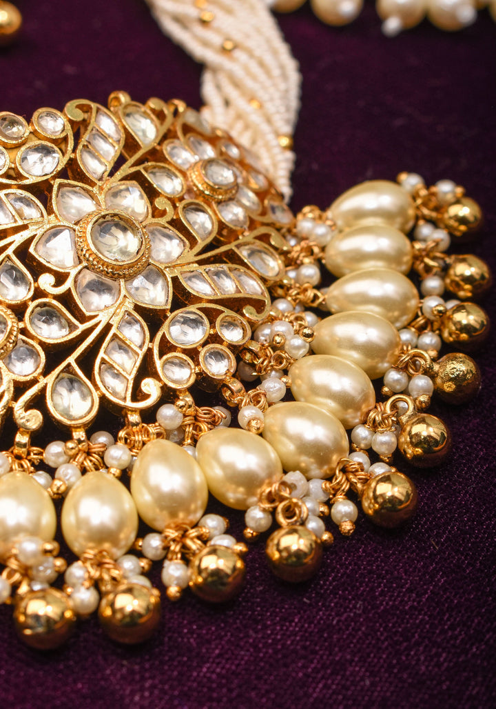 Ornate Jadau Pendant on Multistrand Necklace with Dangling Beads and Matching Earrings | Shobitam Jewelry