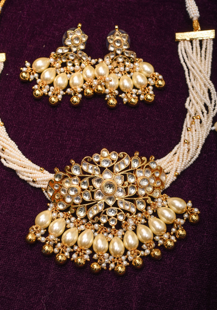 Ornate Jadau Pendant on Multistrand Necklace with Dangling Beads and Matching Earrings | Shobitam Jewelry