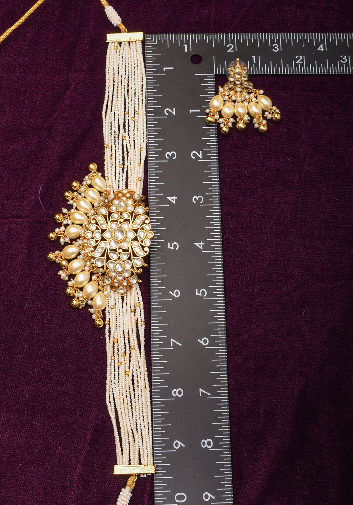 Ornate Jadau Pendant on Multistrand Necklace with Dangling Beads and Matching Earrings | Shobitam Jewelry