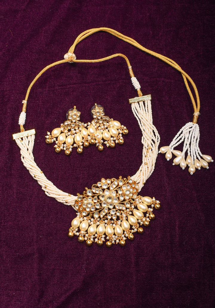 Ornate Jadau Pendant on Multistrand Necklace with Dangling Beads and Matching Earrings | Shobitam Jewelry