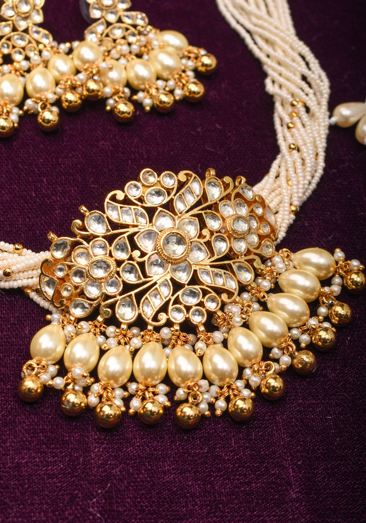 Ornate Jadau Pendant on Multistrand Necklace with Dangling Beads and Matching Earrings | Shobitam Jewelry