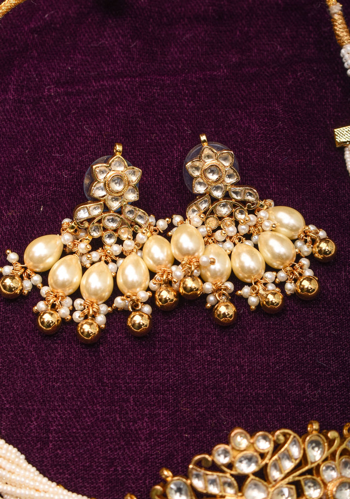 Ornate Jadau Pendant on Multistrand Necklace with Dangling Beads and Matching Earrings | Shobitam Jewelry