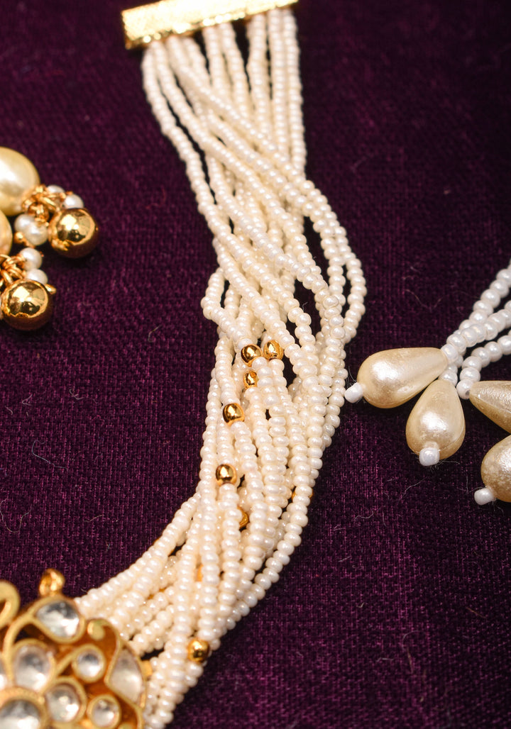 Ornate Jadau Pendant on Multistrand Necklace with Dangling Beads and Matching Earrings | Shobitam Jewelry