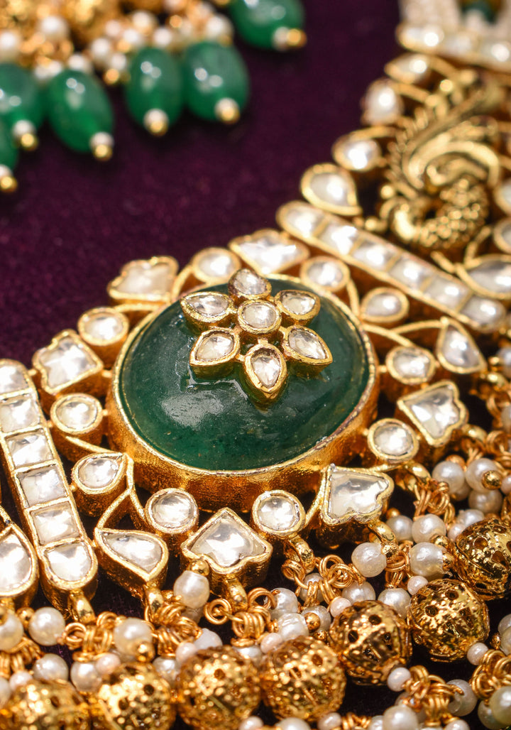 Ornate Jadau Pendant on Multistrand Necklace with Dangling Beads and Matching Earrings | Shobitam Jewelry
