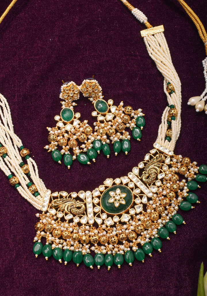 Ornate Jadau Pendant on Multistrand Necklace with Dangling Beads and Matching Earrings | Shobitam Jewelry