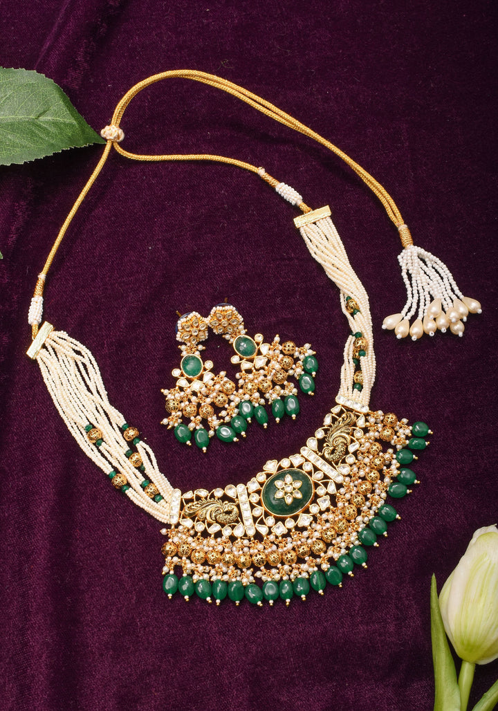 Ornate Jadau Pendant on Multistrand Necklace with Dangling Beads and Matching Earrings | Shobitam Jewelry
