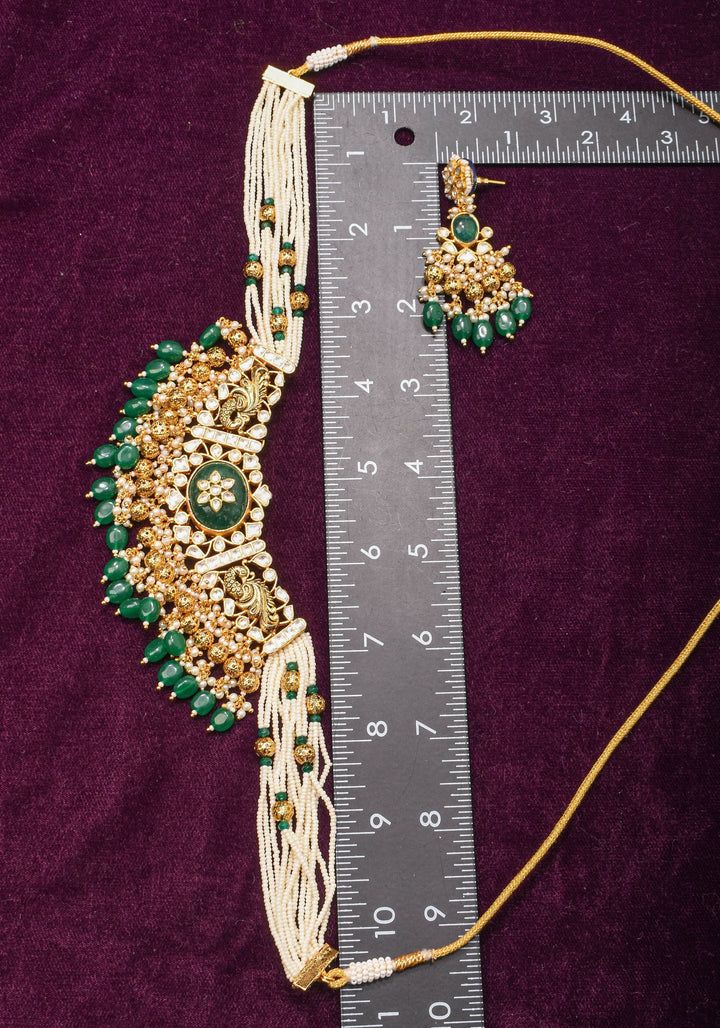 Ornate Jadau Pendant on Multistrand Necklace with Dangling Beads and Matching Earrings | Shobitam Jewelry