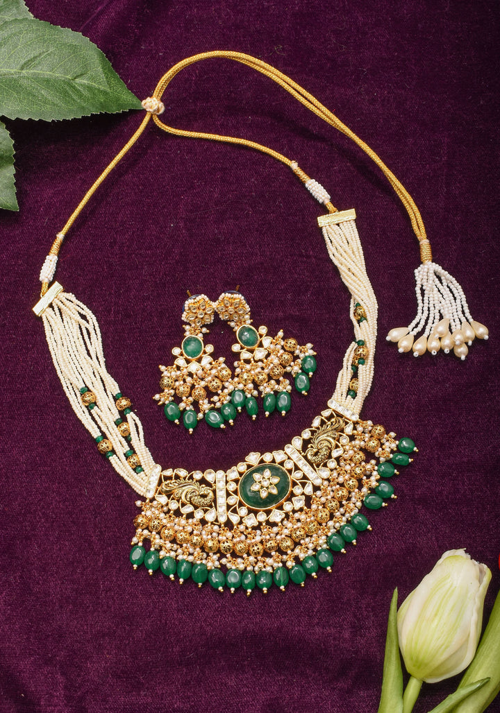 Ornate Jadau Pendant on Multistrand Necklace with Dangling Beads and Matching Earrings | Shobitam Jewelry