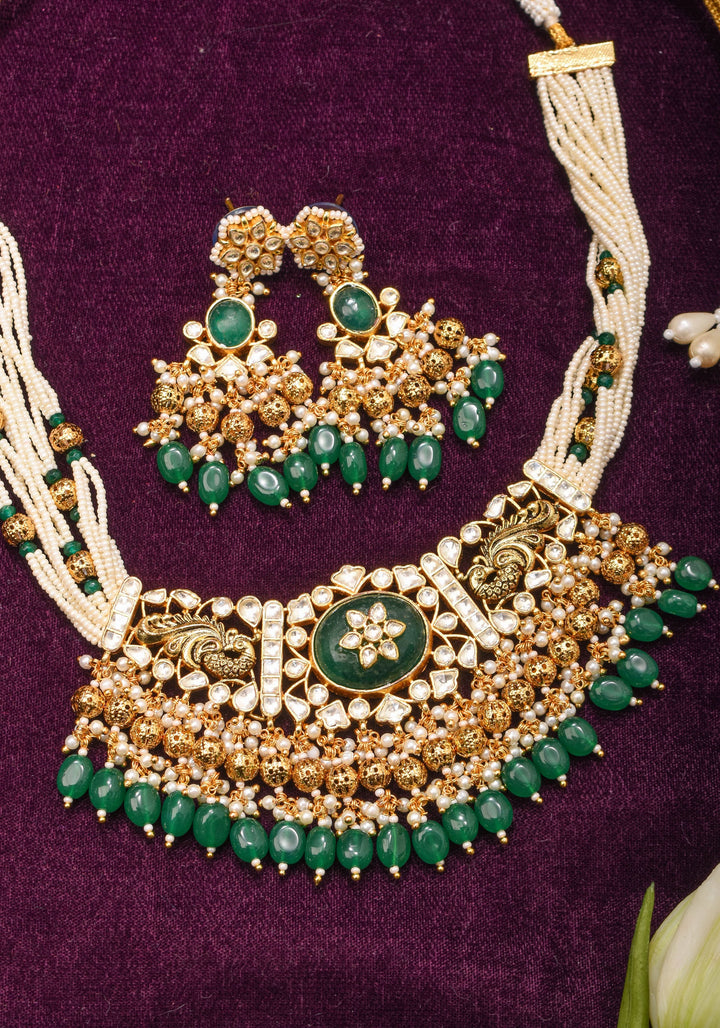 Ornate Jadau Pendant on Multistrand Necklace with Dangling Beads and Matching Earrings | Shobitam Jewelry