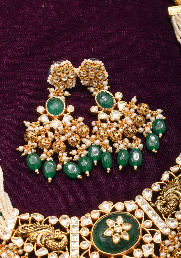 Ornate Jadau Pendant on Multistrand Necklace with Dangling Beads and Matching Earrings | Shobitam Jewelry