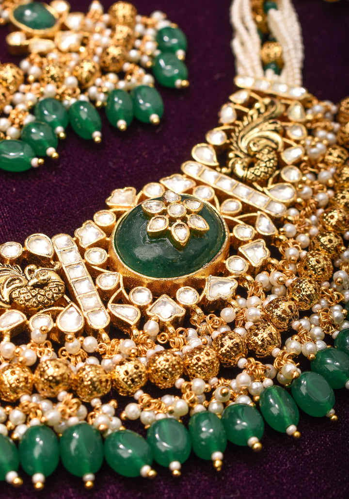 Ornate Jadau Pendant on Multistrand Necklace with Dangling Beads and Matching Earrings | Shobitam Jewelry