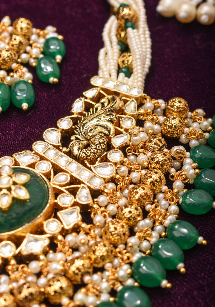 Ornate Jadau Pendant on Multistrand Necklace with Dangling Beads and Matching Earrings | Shobitam Jewelry