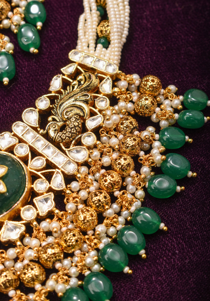 Ornate Jadau Pendant on Multistrand Necklace with Dangling Beads and Matching Earrings | Shobitam Jewelry
