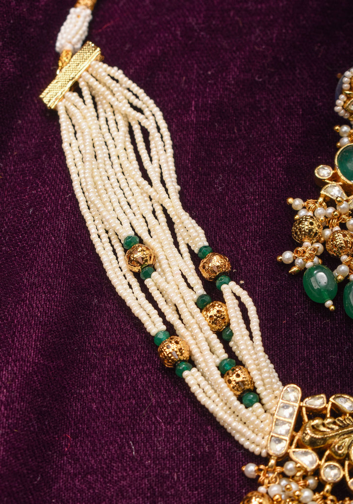 Ornate Jadau Pendant on Multistrand Necklace with Dangling Beads and Matching Earrings | Shobitam Jewelry