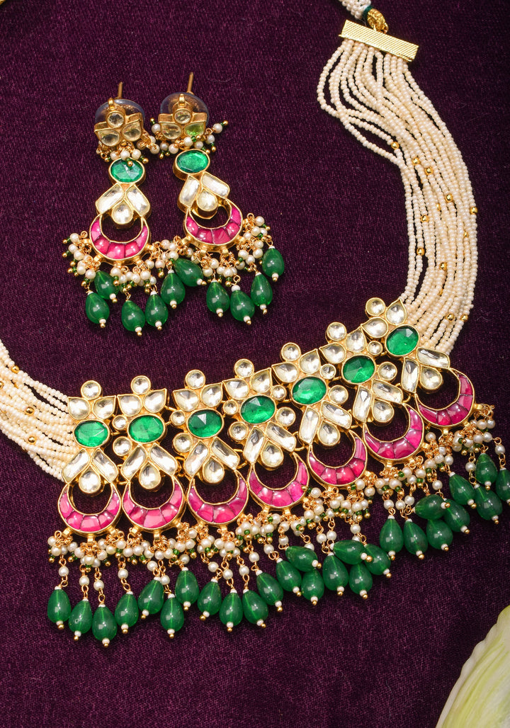 Ornate Jadau Pendant on Multistrand Necklace with Dangling Beads and Matching Earrings | Shobitam Jewelry