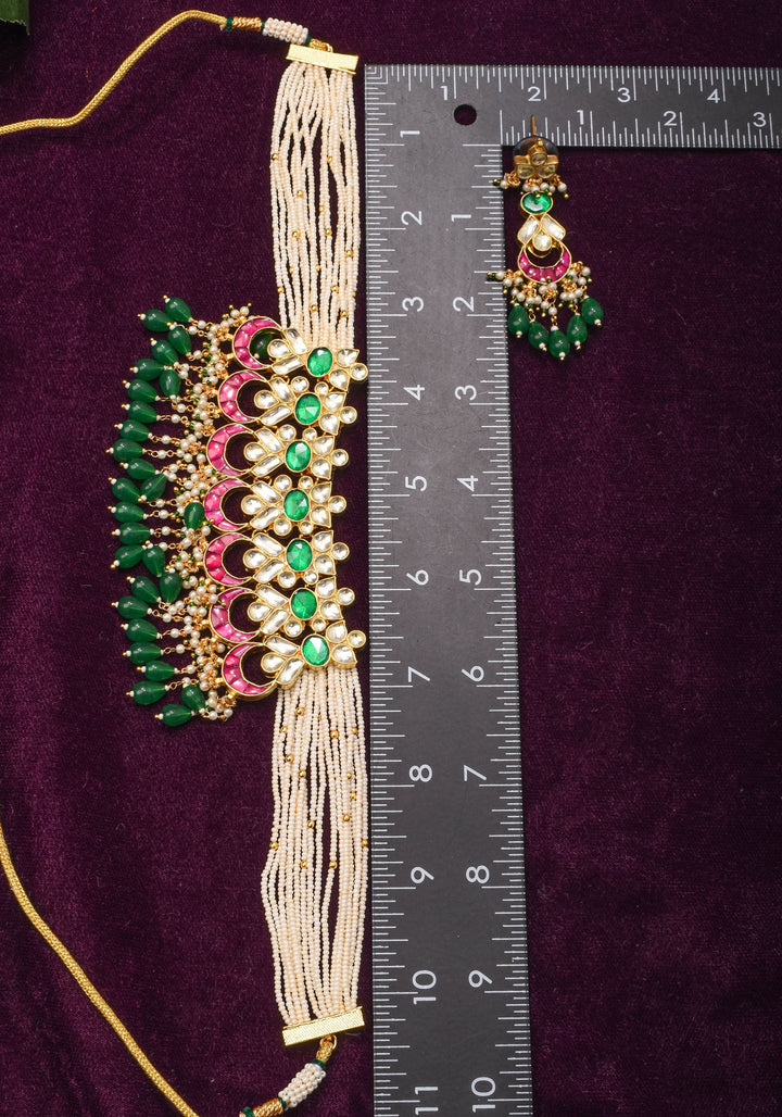 Ornate Jadau Pendant on Multistrand Necklace with Dangling Beads and Matching Earrings | Shobitam Jewelry