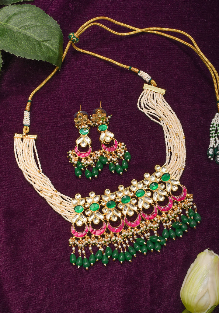 Ornate Jadau Pendant on Multistrand Necklace with Dangling Beads and Matching Earrings | Shobitam Jewelry