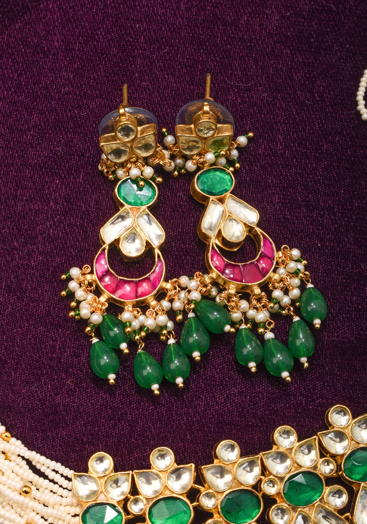 Ornate Jadau Pendant on Multistrand Necklace with Dangling Beads and Matching Earrings | Shobitam Jewelry