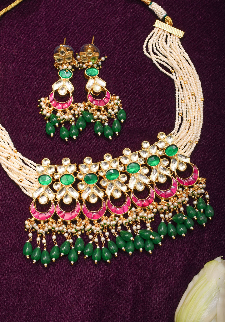 Ornate Jadau Pendant on Multistrand Necklace with Dangling Beads and Matching Earrings | Shobitam Jewelry