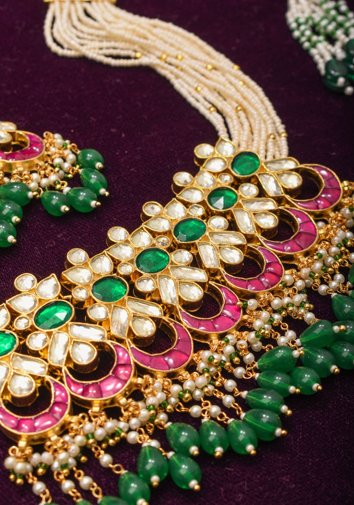 Ornate Jadau Pendant on Multistrand Necklace with Dangling Beads and Matching Earrings | Shobitam Jewelry