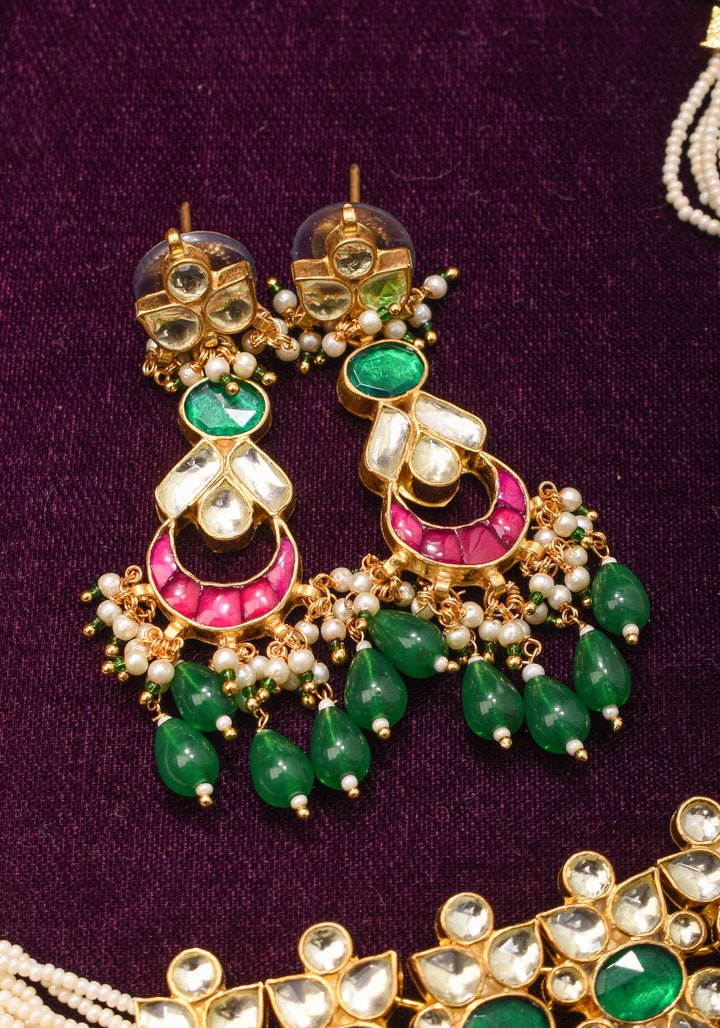 Ornate Jadau Pendant on Multistrand Necklace with Dangling Beads and Matching Earrings | Shobitam Jewelry