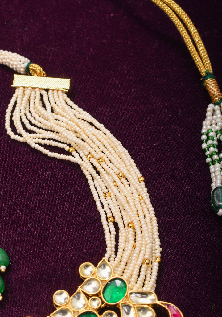 Ornate Jadau Pendant on Multistrand Necklace with Dangling Beads and Matching Earrings | Shobitam Jewelry