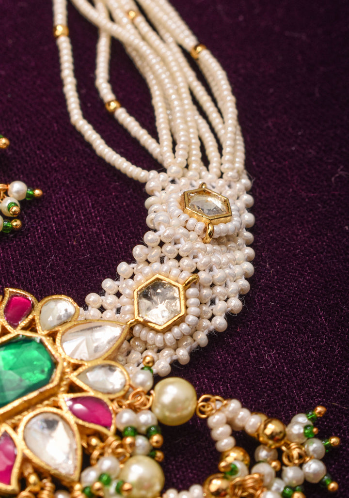 Ornate Jadau Floral Pendant on Multistrand Necklace Set with Dangling pearls | Shobitam Jewelry