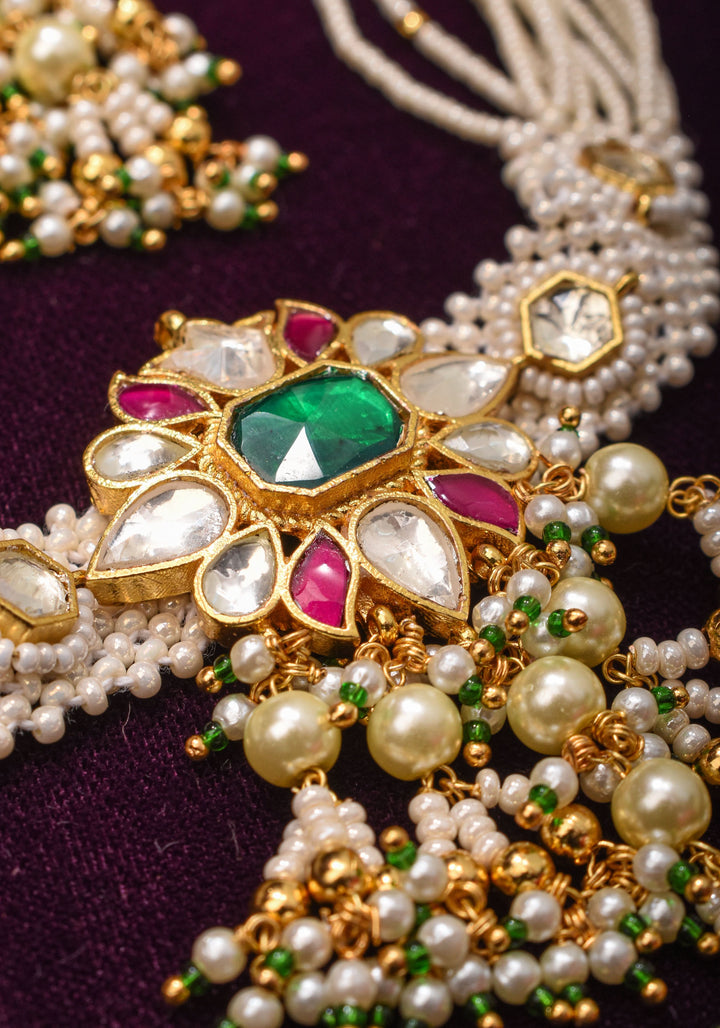 Ornate Jadau Floral Pendant on Multistrand Necklace Set with Dangling pearls | Shobitam Jewelry