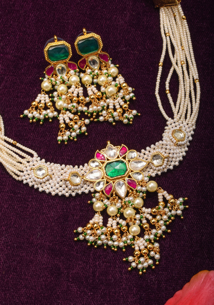 Ornate Jadau Floral Pendant on Multistrand Necklace Set with Dangling pearls | Shobitam Jewelry