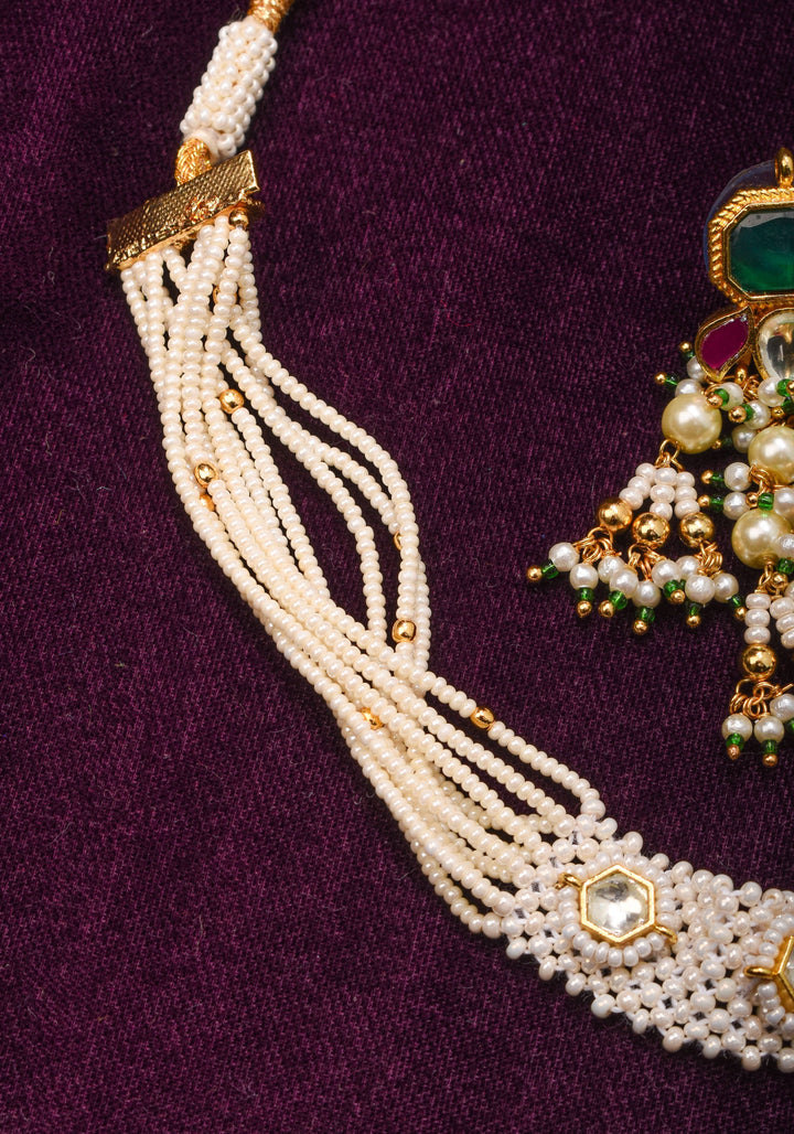 Ornate Jadau Floral Pendant on Multistrand Necklace Set with Dangling pearls | Shobitam Jewelry